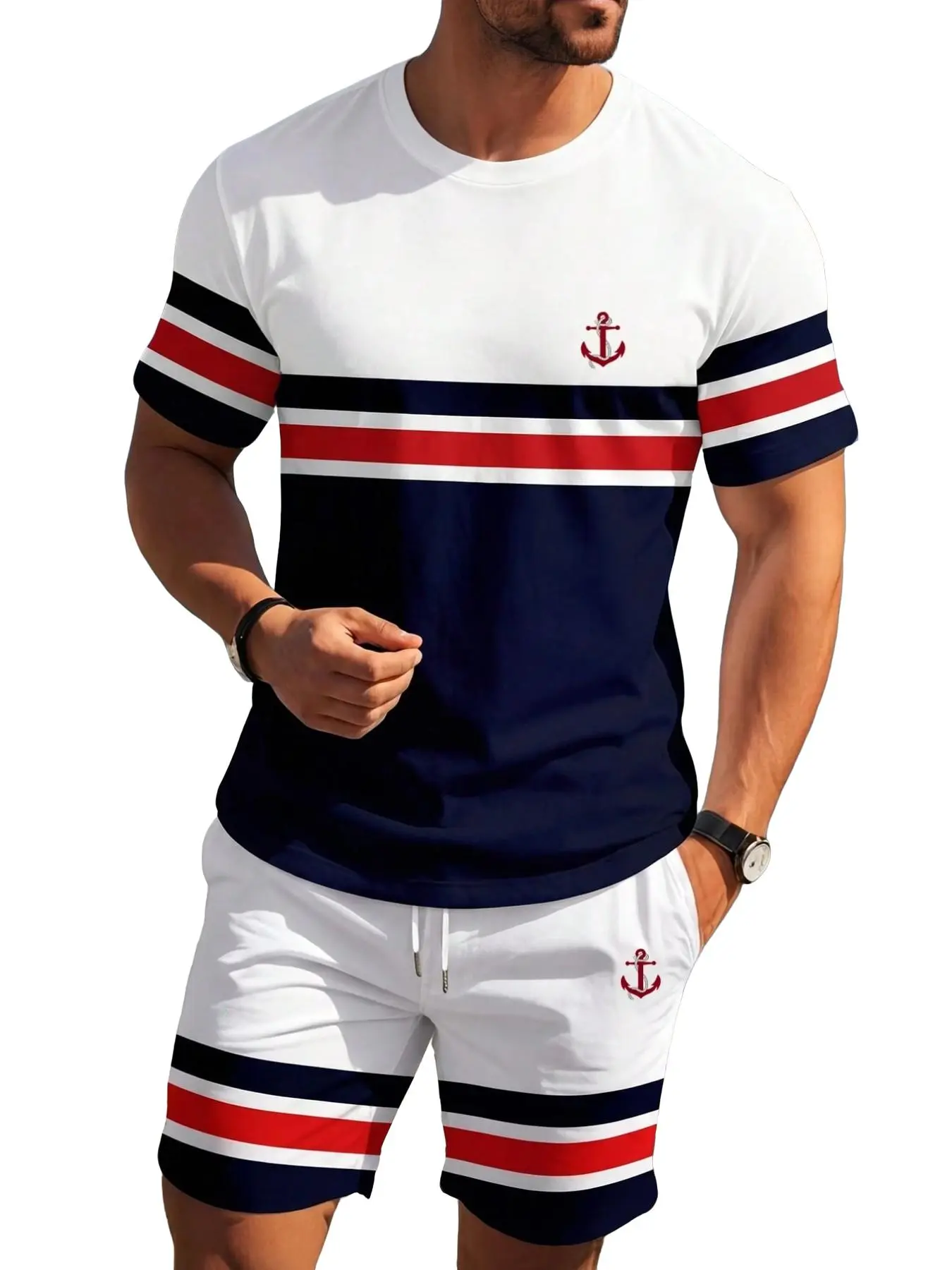 Men's Nautical Anchor Print Striped Round Neck T-Shirt & Shorts Set, Outfits, Casual Daily Wear, Fashionable Trendy, Loose-Fitting, All Seasons