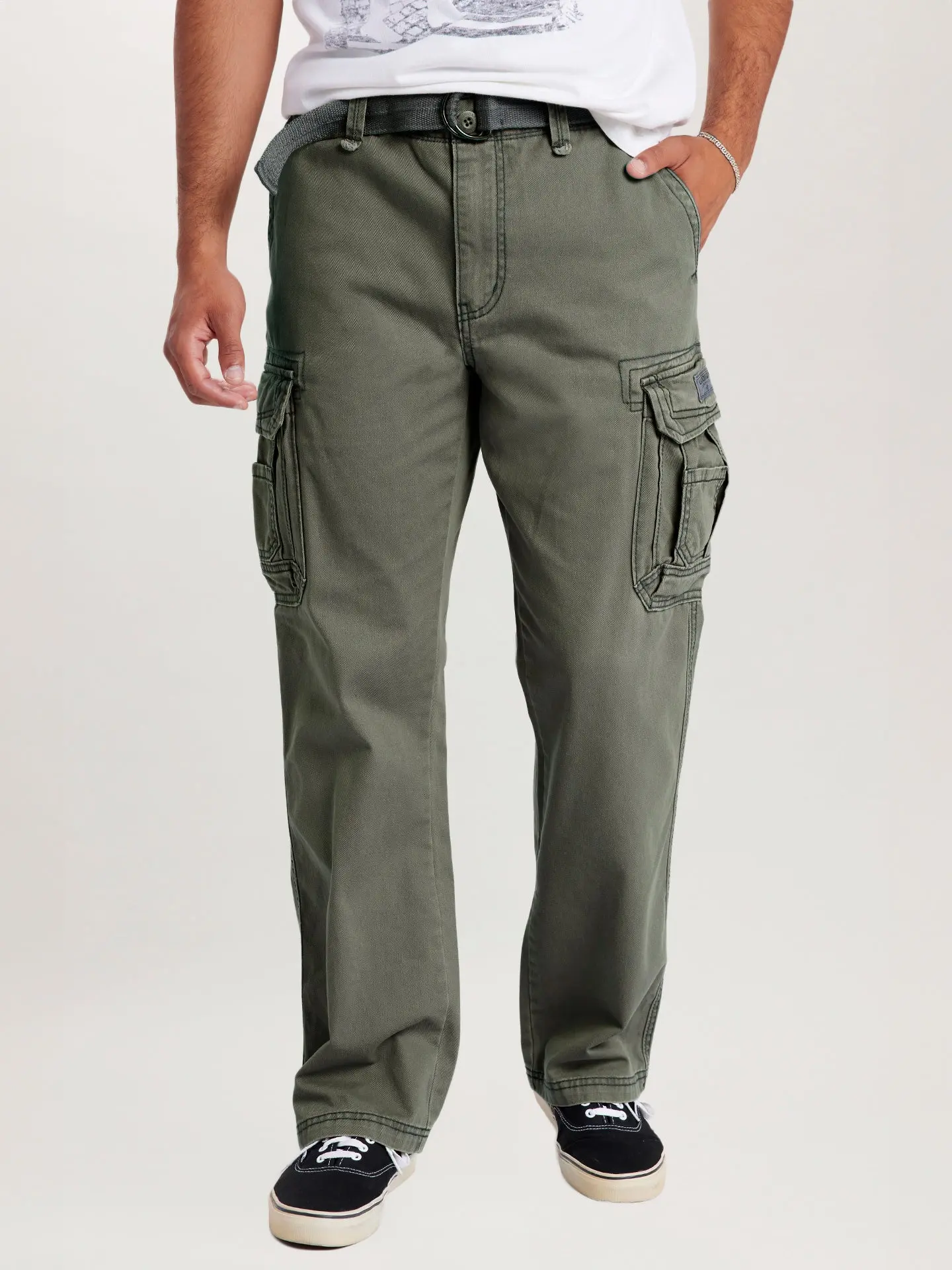 Survivor Cargo Pants for Men Relaxed Pants – Cotton Twill Vintage Wash Utility Workwear Trousers with Belt, Multi-Pocket Everyday Streetwear Pants