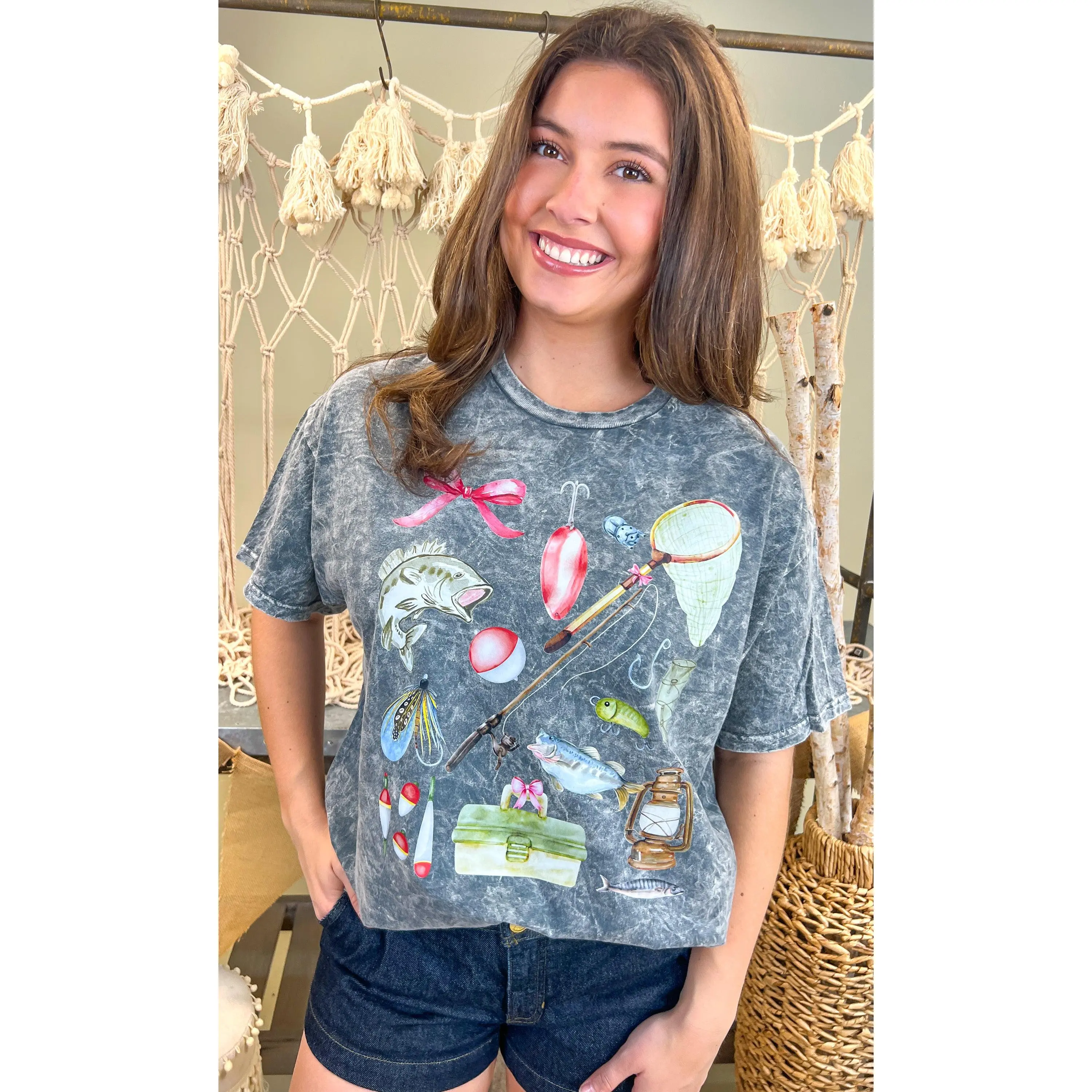 Tees2urdoor Women's Mineral Washed Graphic Tee, Short-Sleeve 100% Cotton Casual Top with a Girly Fishing and Ribbon Design, Shortsleeve, Shirt