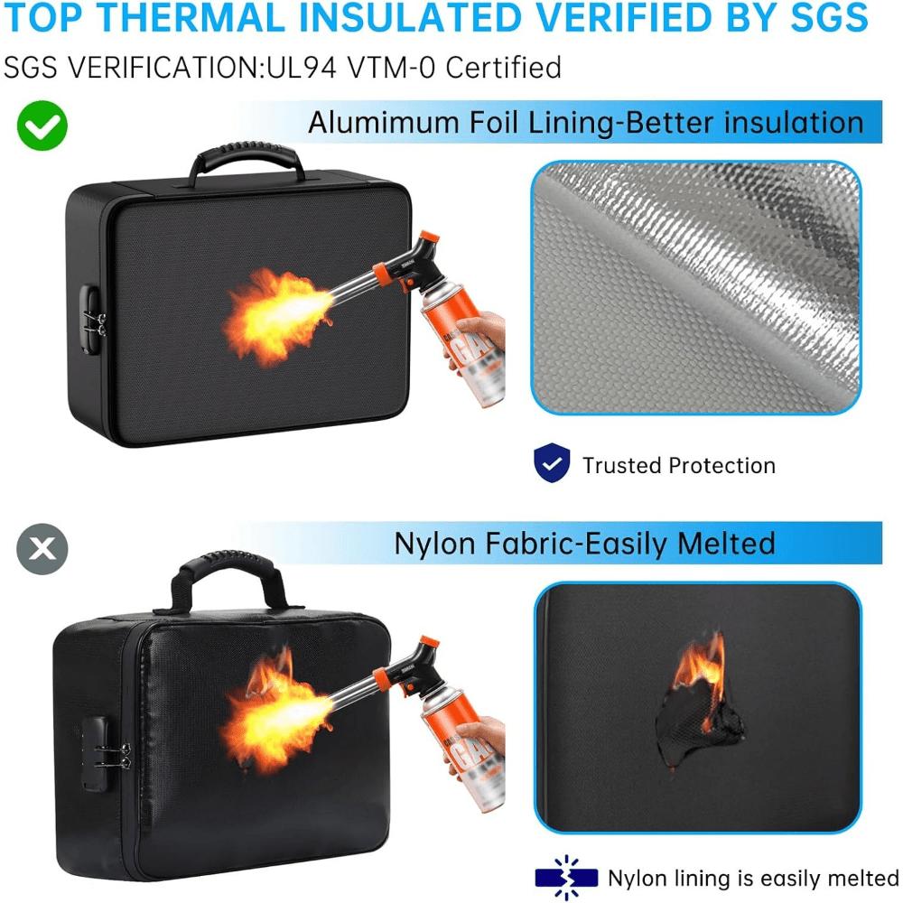 Fireproof File Box 5200℉, 15"×11.2"×4.3" File Bag, Foldable File Organizer with 13 Pockets and Labels, Lockable Portable File Storage Box, Black