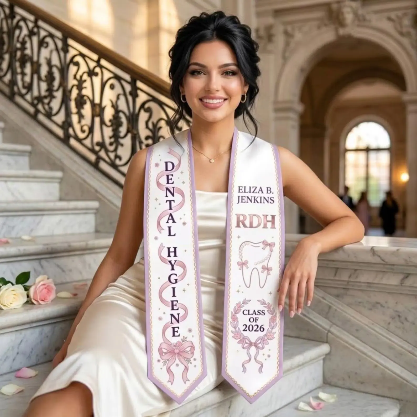 Personalized RDH Dental Hygiene Graduation Stole 2026 – Pink Elegant Sash & Custom Name Print & Dental Hygienist Grad Gift for Her