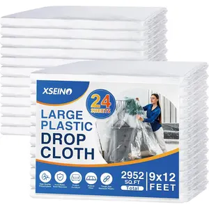 24 Pack 12 x 9 ft 0.4 MIL Large Painter’s Plastic Drop Cloth Painting Sheet-Light & Durable Dust Cover-Clear Plastic Sheet-Plastic Sheeting-Plastic Cover-Paint Drop Cloth- Plastic Floor Protector
