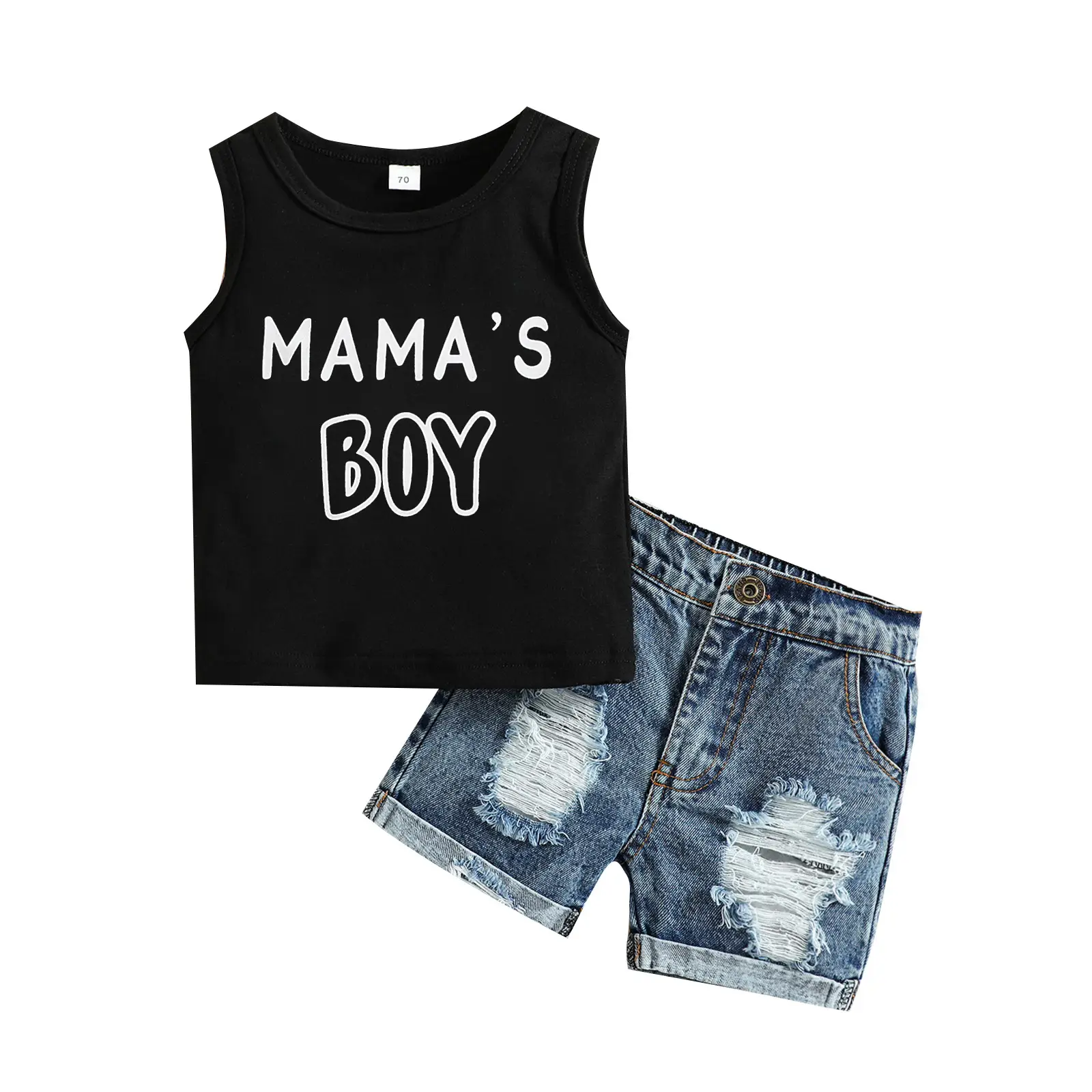Baby Toddler Boys Summer Outfit Set Sleeveless Vest Mamas Boy Tank Tops with Ripped Denim Shorts Set