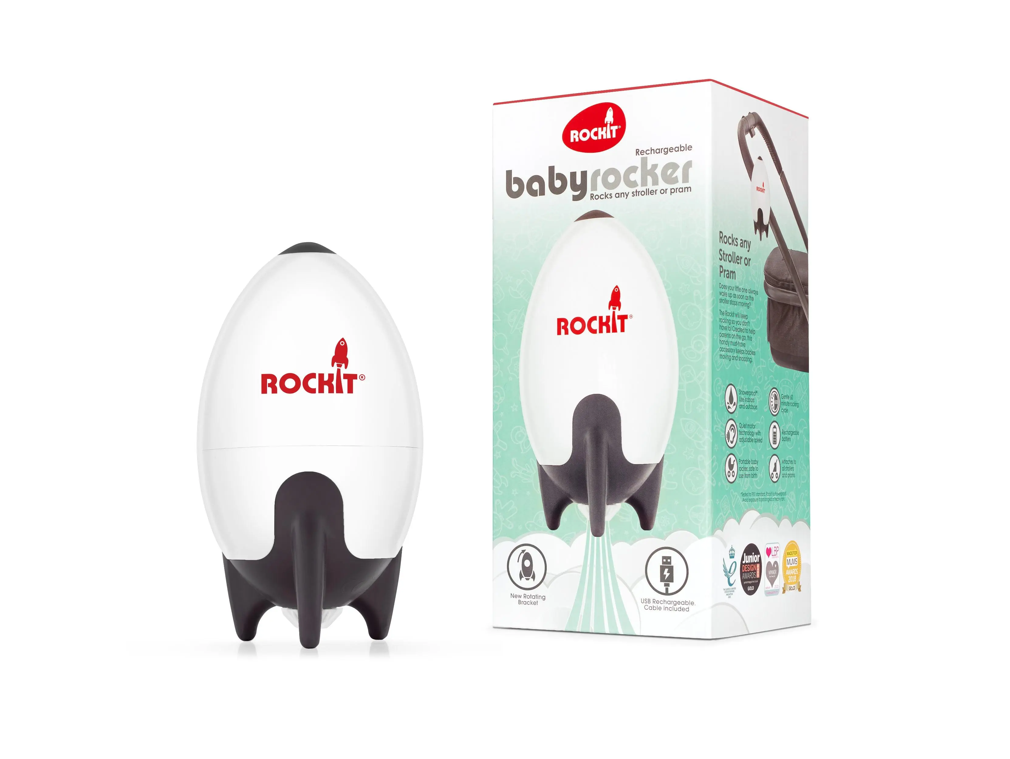 ROCKIT Rockit Rocker - Automatic Baby Stroller Rocker - USB Rechargeable & Travel Friendly - Portable Stroller Rocker with Rotating Bracket - Safe for Newborns & Above - EU/USA Safety Tested