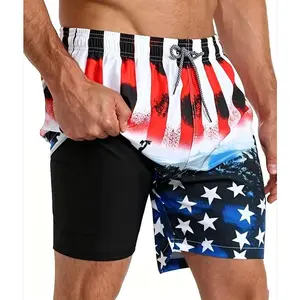 Men's Double-Layer Beach Shorts – 3D Digital Print Western Style, Quick Dry Swim Trunks, Summer Beachwear, 4th of July, Independence Day, Summer Festival, Trendy TikTok Fashion