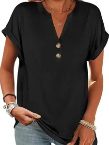 Womens Short Sleeve Henley Tops V Neck Dressy Casual Blouses Summer Trendy Tee Shirts 2026 Vacation Fashion Clothes in Polyester Rayon Elastane Blend