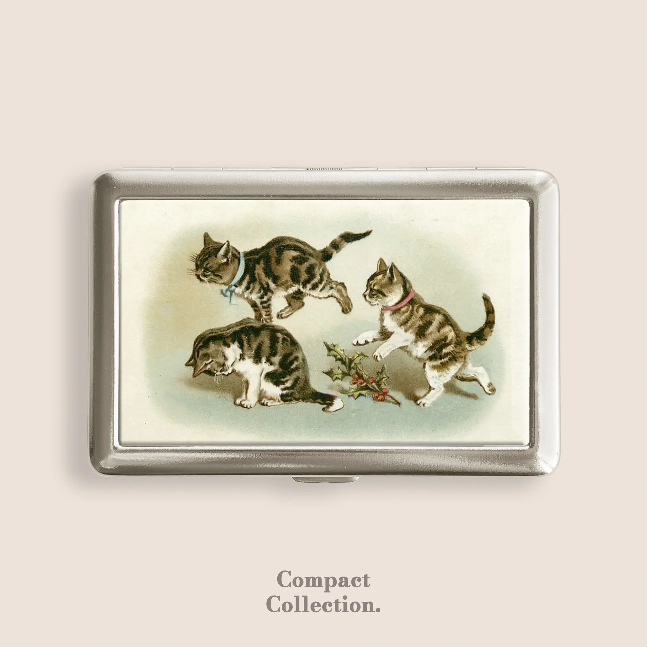Vintage 1880s Woolson Stainless Steel Cigarette Case - Cats Kittens Christmas Holly Design, 100s Size Blunt Holder Wallet, Home Organizer Accessories, Gift for Cigarette Users