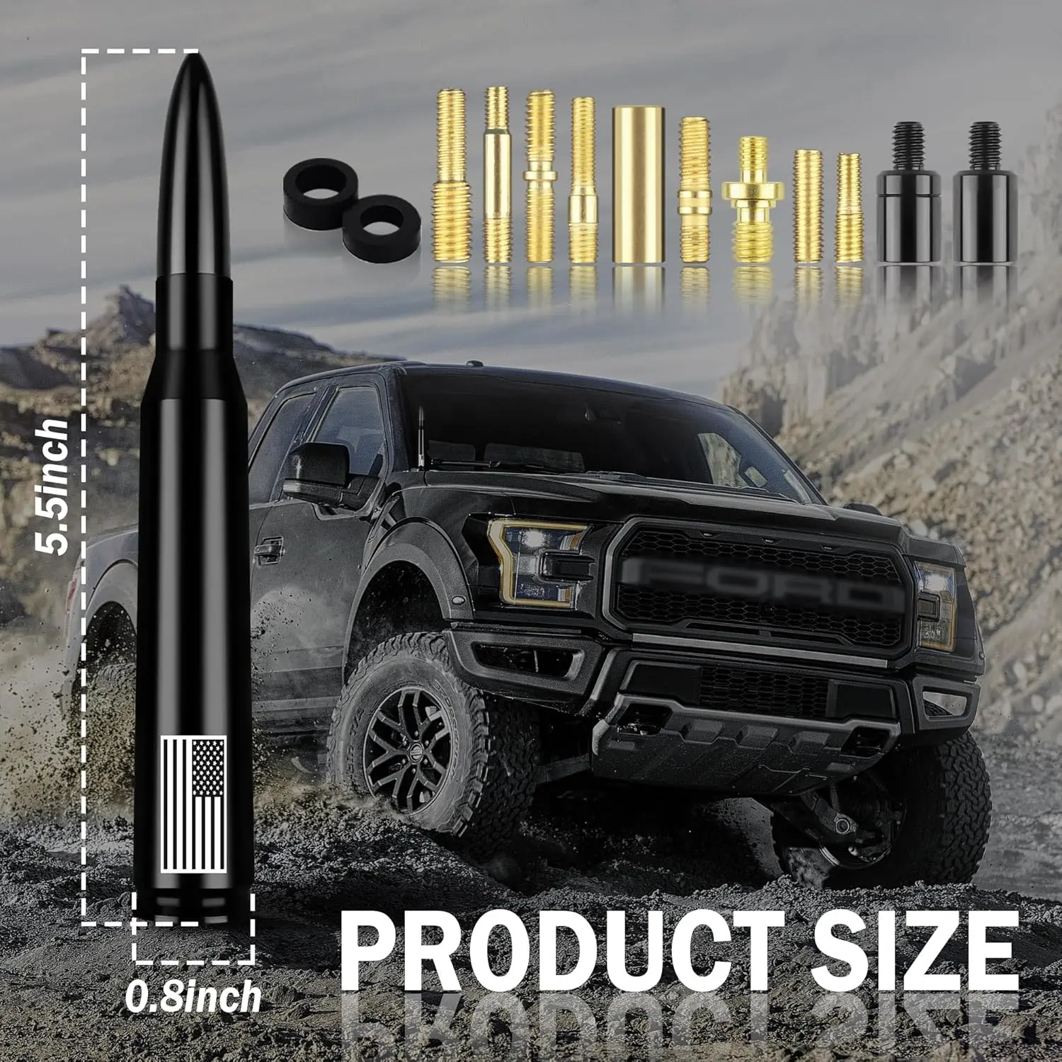 Black Bullet Antenna with American Flag - Auto Accessories, Compact Size, Direct Replacement for Most Cars, SUVs, Trucks, Durable Upgraded Design, Reduces Wind Noise Stubby Bullet Antenna