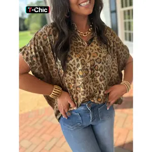 Hotapei Summer Fashion Gold Foil Leopard Print Batwing Short Sleeve Collared Fitted Shirt, Button Front Casual Blouse, Stylish and Comfortable Clothing