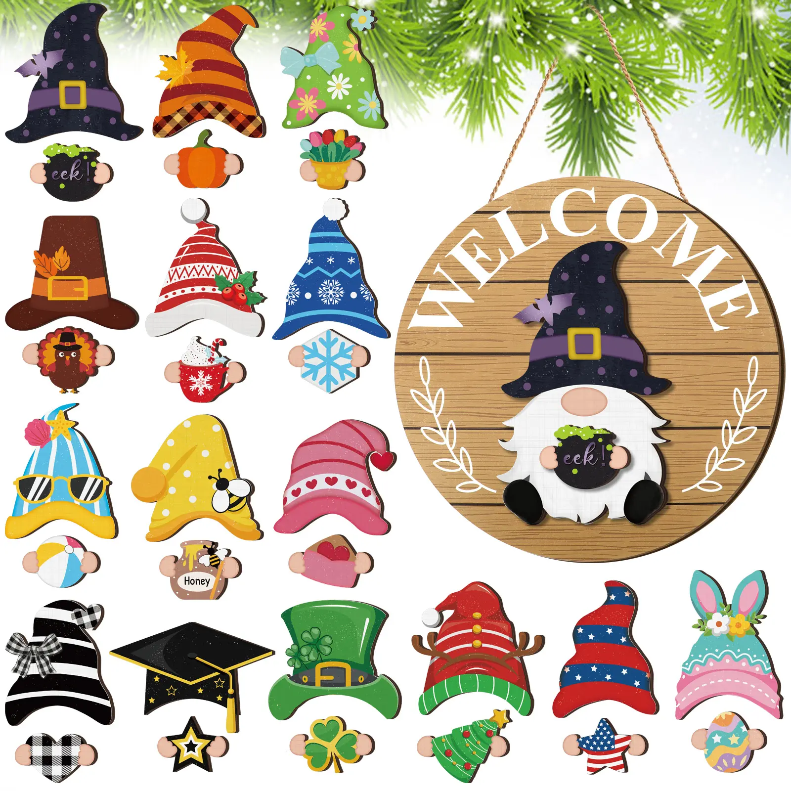 Gejoy Interchangeable Gnome Welcome Sign Halloween Wooden Gnome Sign With Detachable Gnome Hats Magnet Wall Hanging For Home Door Graden Porch Summer Halloween Party, Holiday Gnomes For All Season, Housewarming Gift