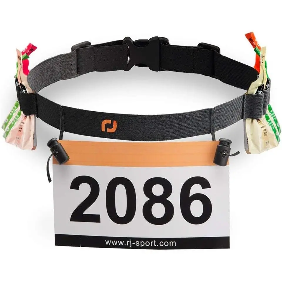 Race Number Belt - Triathlon Race Belt Bib Holder with 6 Energy Gel Loops for Triathalon, Marathon, Running and Cycling