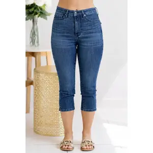 Judy Blue Tummy Control High Waist Capri Jeans 78119, Stretchy Cotton Comfort Denim Womenswear Bottom, Petite Short Girl Friendly, Chich Trendy