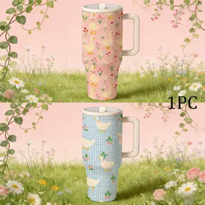 1 Pc 40oz Insulated Mug With Handle & Lid, Double Wall Vacuum Cup, Leak Proof Large Capacity Thermal Mug, Keeps Hot 12 Hours Cold 24 Hours, Floral Goose Spring Pattern, Cute Gift For Women Men, Valentine Holiday Car Drinkware, Leakproof Insulated Tumbler