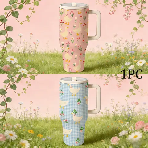 1 Pc 40oz Insulated Stainless Steel Mug With Handle And Lid, Double Wall Vacuum Cup, Leak Proof Large Capacity Thermal Mug, Keeps Hot 12 Hours Cold 24 Hours, Floral Goose Spring Pattern, Cute Gift For Women Men, Valentine Birthday Holiday Car Drinkware