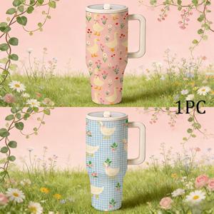 1 Pc 40oz Insulated Mug With Handle And Lid, Double Wall Vacuum Cup, Leak Proof Large Capacity Thermal Mug, Keeps Hot 12 Hours Cold 24 Hours, Floral Goose Spring Pattern, Cute Gift For Women Men, Valentine Birthday Holiday Car Drinkware