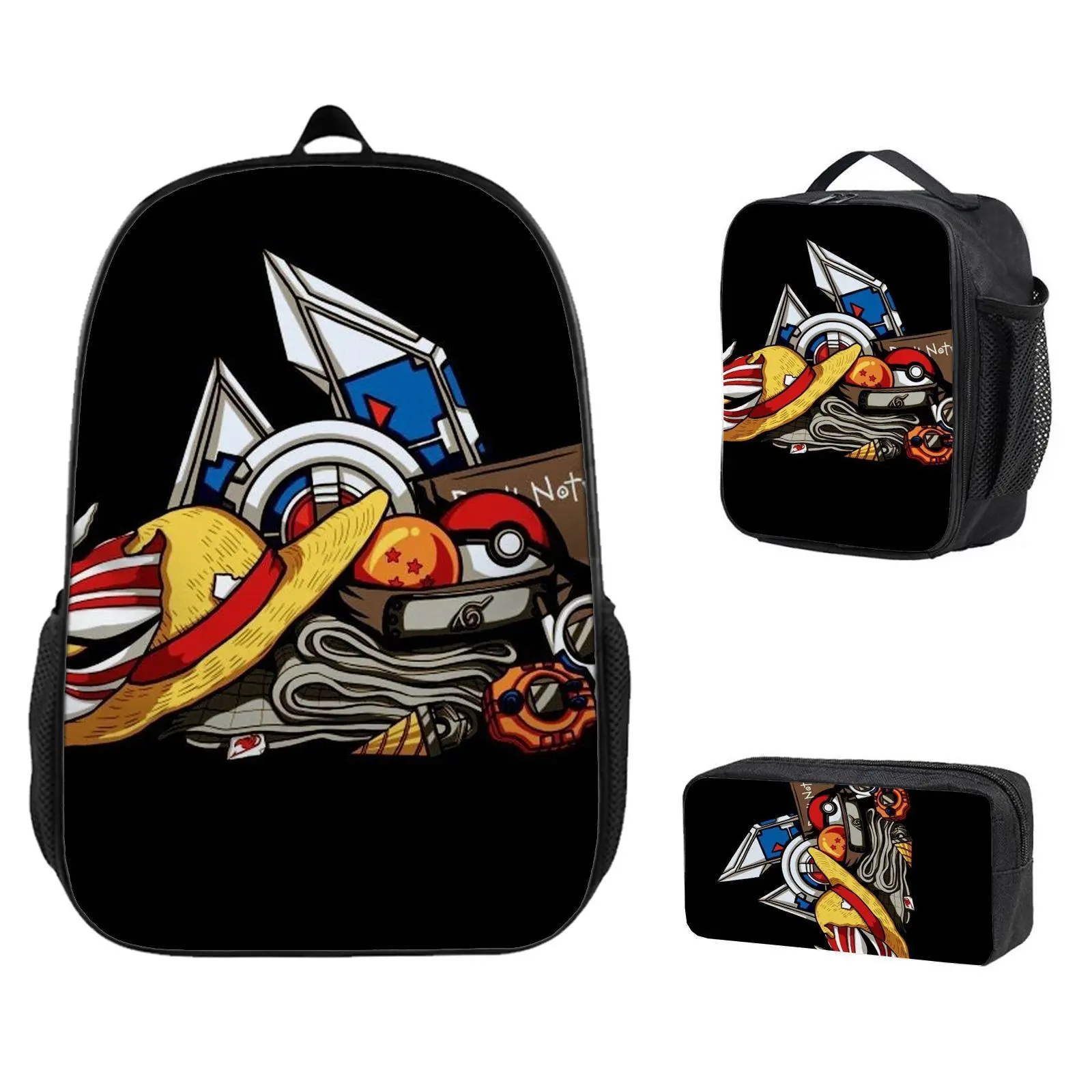 3-Piece Lightweight Casual Backpack Set - Insulated Meal Bag, Pencil Case,Anime Mashup, Cartoon Collage, Pop Culture PrintAnime gifts, children will definitely love high-quality backpacks