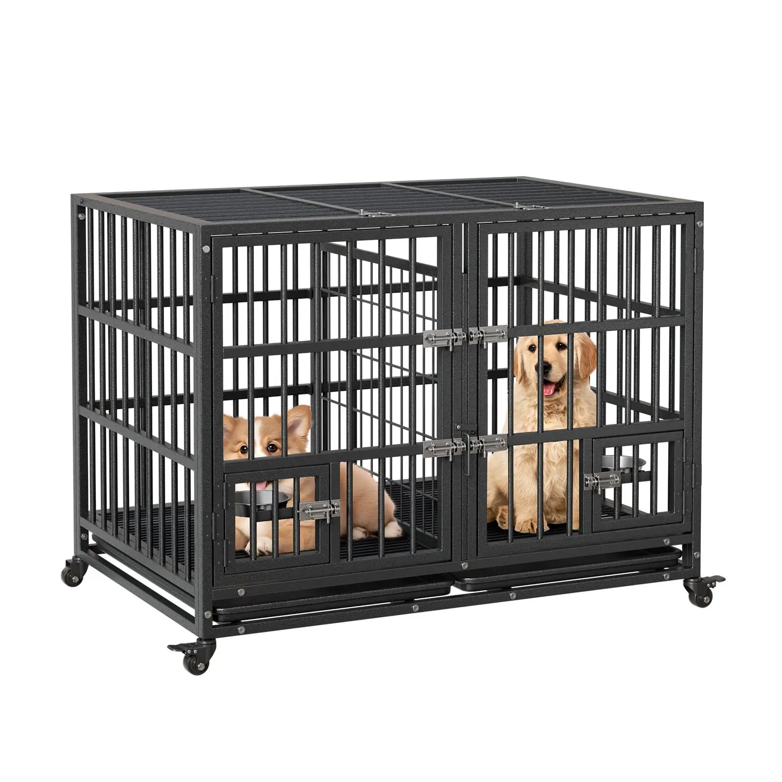 48 inch Heavy Duty Dog Crate, Large Metal Dog Cage with Flexible Divider, Dog Cage House with 2 Door, 2 Feeding Bowls, Removable Tray for Small Medium Large Pets