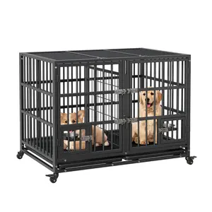 48 inch Heavy Duty Dog Crate, Large Metal Dog Cage with Flexible Divider, Dog Cage House with 2 Door, 2 Feeding Bowls, Removable Tray for Small Medium Large Pets