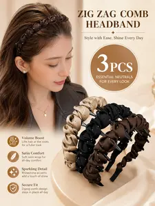 3PCS Zig Zag Headbands for Women - Non Slip Wavy Headband with Teeth Thin Zigzag Head Bands for Girls, Twinkling Starlight Hair Comb Headband, Lightweight & Comfortable All-Day Wear, for Casual, Workout, Hair Accessories for Gift