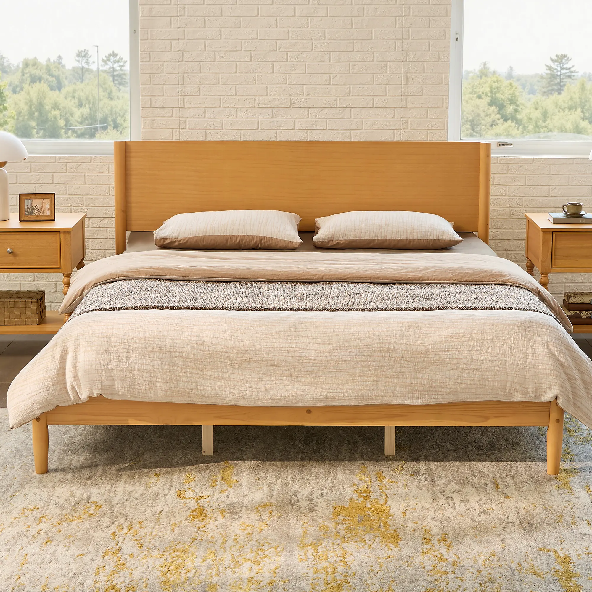[Summerwins] [SummerFinds] AMERLIFE Solid Wood Bed Frame, Mid Century Modern Platform Bed with Full Panel Headboard, Noise-Free & Cylindrical Legs, No Box Spring Needed, Under-Bed Storage