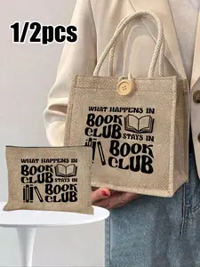 2pcs/Set Tote Bag Printed With Book Pattern,With Makeup Bag,Handbag, Linen Tote Bag, Travel Bag Essential, Large Capacity Handbag, Letter Printed Shopping Bag, Portable Multi-Purpose Makeup Bag,Women's Gift, Teacher's Day Gift, Suitable For School, Univer
