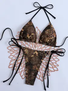 Cheetah Print Halter Bikini Set, Sexy Triangle Cup Strappy Swimsuit, European Style Beachwear Two-Piece, Wild Cheetah Print Swimwear