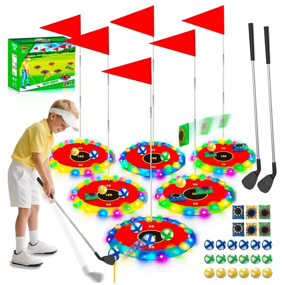 VATOS 2-in-1 Light Up Golf Set for Kids - LED Lights Game Kit with Mini Course, 6 LED Targets, 2 ABS Plastic Clubs, 18 Balls, Indoor Outdoor Party Gifts for Kids 5-12