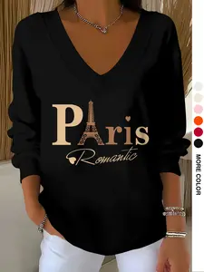 Women's Casual V-Neck Long Sleeve Sweatshirt, Graphic Print, Graphic Sweatshirts, Fitted Design, Ribbed Hem, French Elegance, Suitable for Fall & Winter, Womenswear