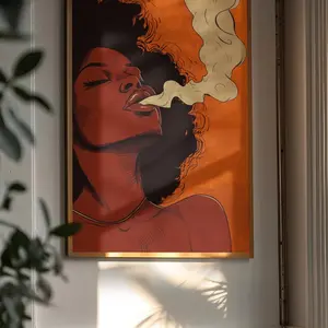 Unframed, Room Decor, Afrocentric Wall Art: Bold African Woman with Natural Hair & Abstract Smoke on Vibrant Orange Background