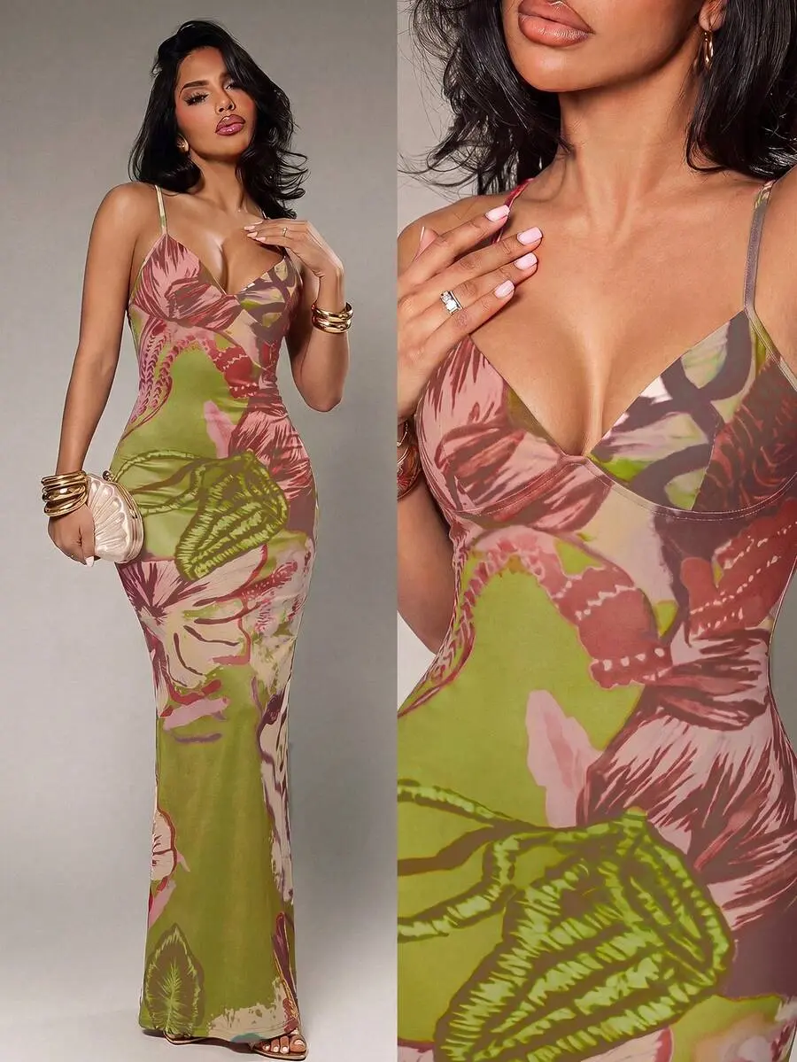 SLAYDIVA Women's Sexy Summer Spaghetti Strap V-Neck Printed Criss-Cross Tie Back Open Back Fitted Dress, All-Match Versatile, Daily Casual Outing, Shopping, Party, Vacation, Beach, Date, Birthday, Graduation Dress, Island, Music Festival, House Party,