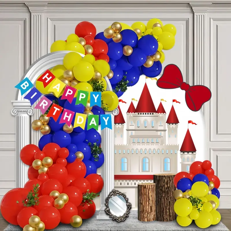 128pcs fairy tale themed balloon arch set, blue, red, gold balloons paired with colorful birthday banners, perfect for girls' fairy tale themed birthday decoration, bachelor party, baby shower, indoor decoration, Balloon Arch Kit, Balloon Decorations