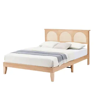 Natural Rattan Headboard Queen Natural Rattan Headboard Queen Bed Frame Bed Frame – Platform with LED Lights, Strong Wood Slats, 8" Under-Bed Storage, Noise-Free, Easy Assembly, No Box Spring Needed, Farmhouse Bedroom Furniture