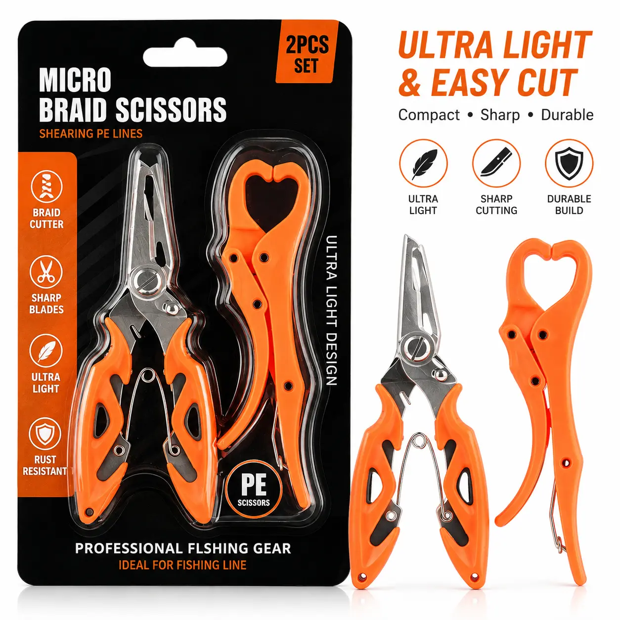 2-in-1 Fishing Pliers & Fish Lip Gripper Kit, Stainless Hook Remover, Braid Line Cutter, Portable Fishing Tool for Bass, Trout & Saltwater Fishing