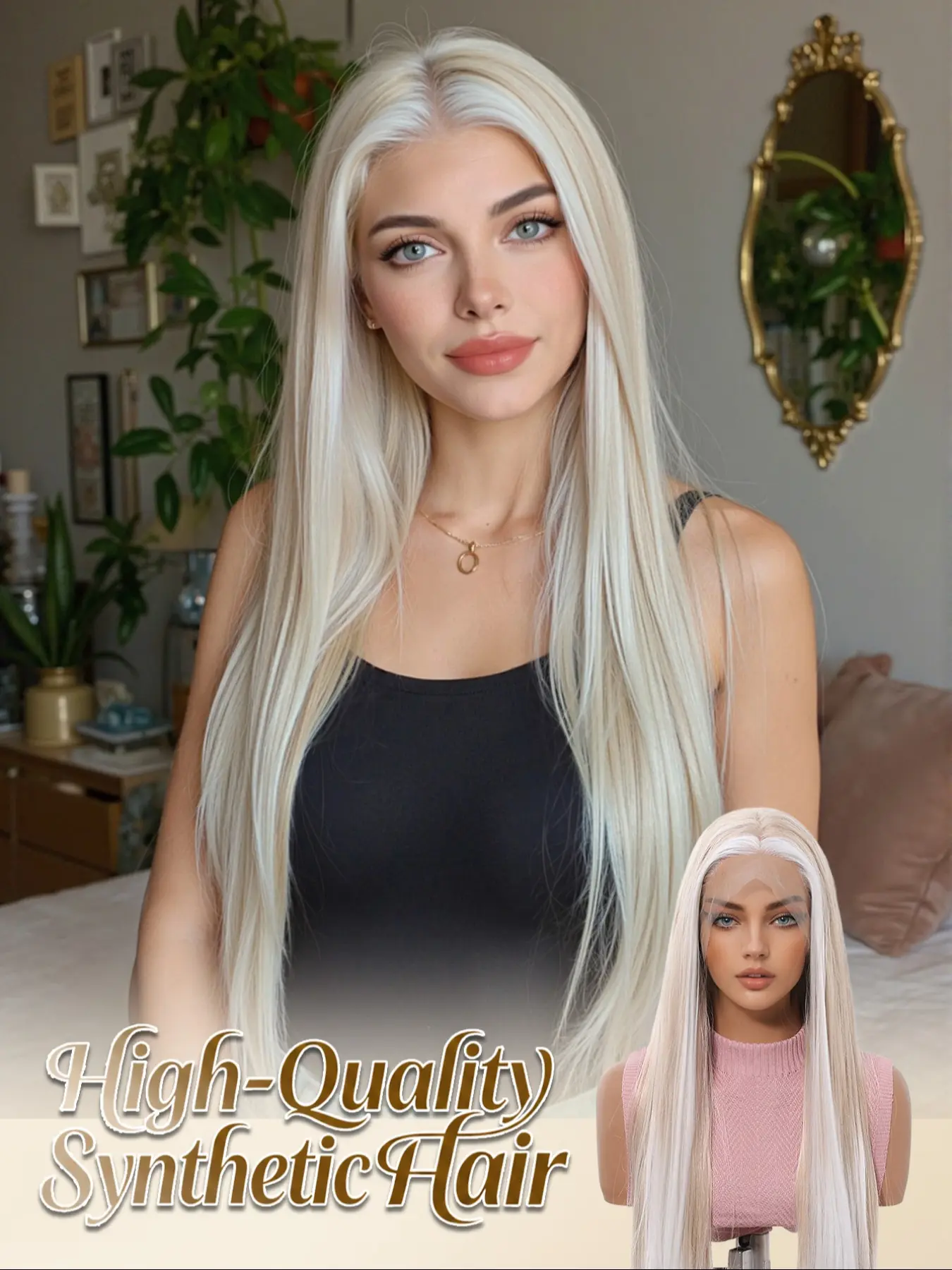 30" Platinum Blonde with White Streak Straight Wig | 13x4 HD Lace Front Heat Resistant Premium Synthetic Hair Wig for Daily Wear Lace Frontal Wigs