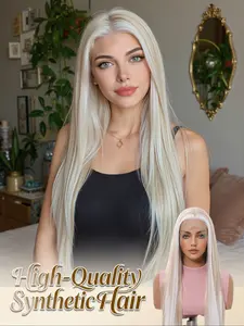 30" Platinum Blonde with White Streak Straight Wig | 13x4 HD Lace Front Heat Resistant Synthetic Wig for Daily Wear Lace Frontal Wigs