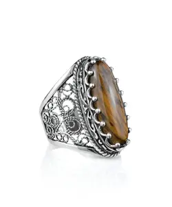 Filigree Art Tiger Eye Gemstone Women Silver Long Statement Ring