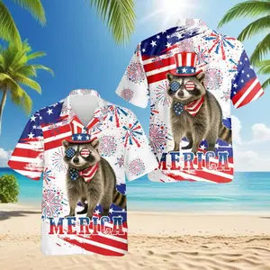 Funny Merica Racoon 4th of July American Flag Hawaiian Hawaiian Shirt for Men Women, Button Down Summer Beach Short Sleeve Tee, 4th of July Gift, Independence Day Gift, Gift for Dad, Husband