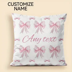 Customizable Pink Bow Pillow Cover - Personalized with Name, Photo, or Text - Soft Polyester Fabric, Zipper Closure - Perfect for Sofa, Bedroom, Living Room Decor - Ideal Gift for Friends, Decorative Pillow Covers