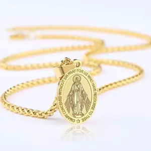 Virgin Mary Necklace Men's Miraculous Medal Necklace Stainless Steel Mary Mother of God Pendant Mother Mary Necklace Women's Christian Jewelry Medal St. Mary Accessories