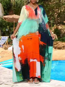 【Plus Size】 All Over Print V Neck Side Slit Dress, Boho Casual Sleeveless Dress for Beach Holiday Vacation, Women's Clothes for All Seasons, Casual Boho Bohemian, Bohemian Print Dresses