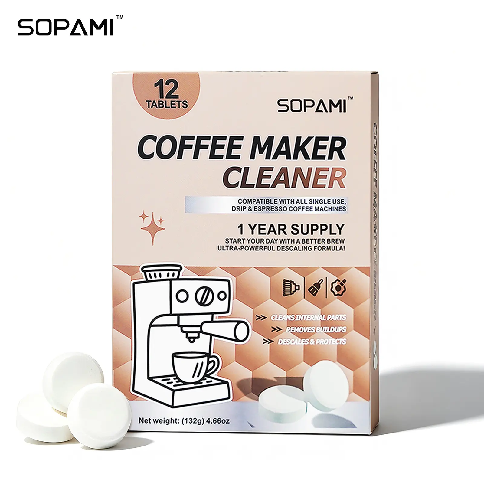 SOPAMI 12 Count Coffee Maker Cleaner Tablets,professional descaling and deodorizing formula,gently clears limescale and buildup to keep coffee machines in good condition,Compatible with fully automatic,semi-automatic,espresso and capsule coffee machines