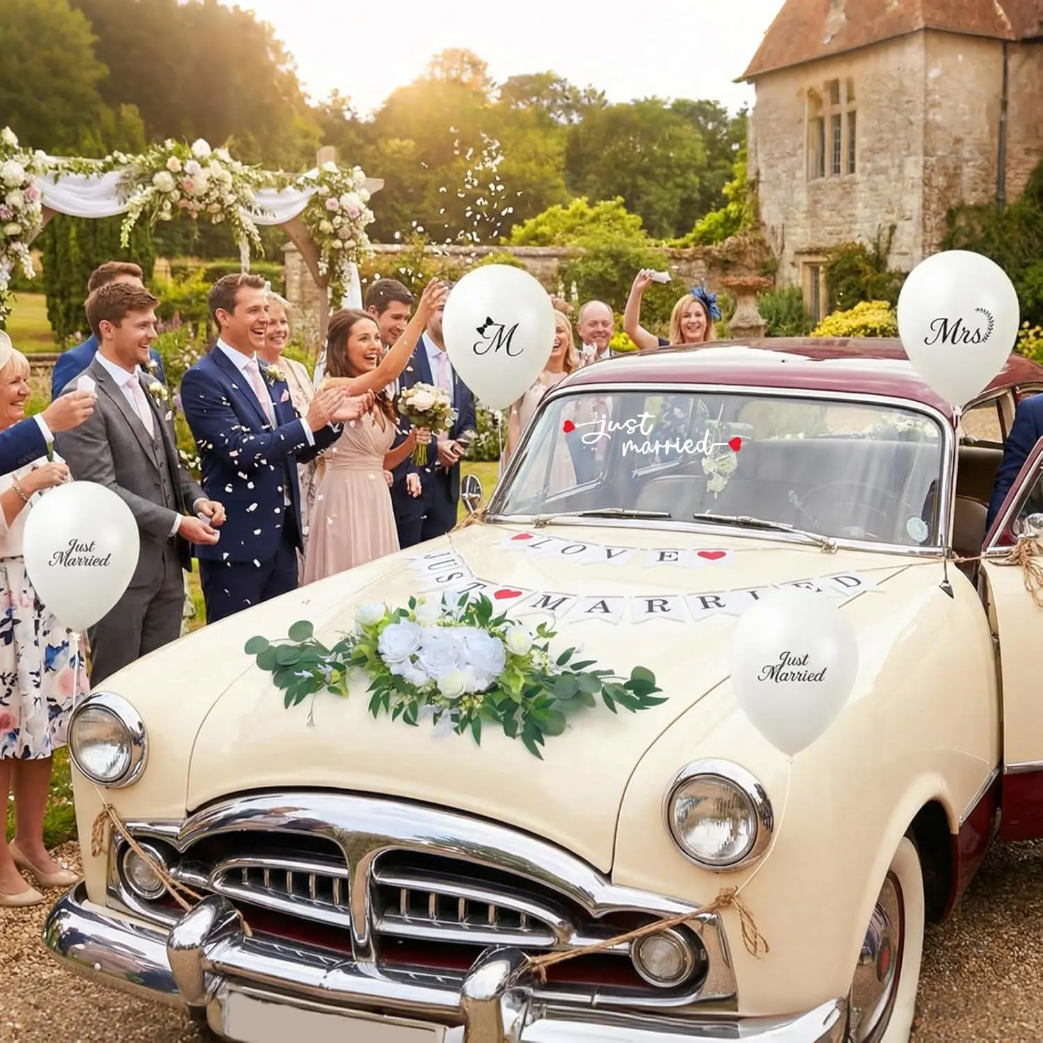 Luxury Just Married Car Decoration Kit –Artificial Flower Hood , Just Married Sign Banner & Stickers , Car Decals, Mr & Mrs Balloons, Elegant Wedding Car Decor for Ceremony, Bridal Shower & Honeymoon