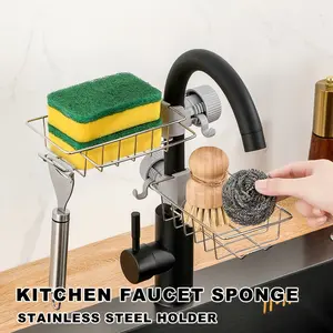Adjustable Stainless Steel Faucet Rack, Sink Sponge Holder for Kitchen & Bathroom, Soap Dish Drainer Shelf