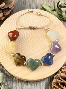 Bohemian Casual Seven-Color Heart Stone Beaded Adjustable Hand Chain Bracelet, Boho Style Jewelry, Vintage Unisex Yoga Energy Bracelet for Daily Wear