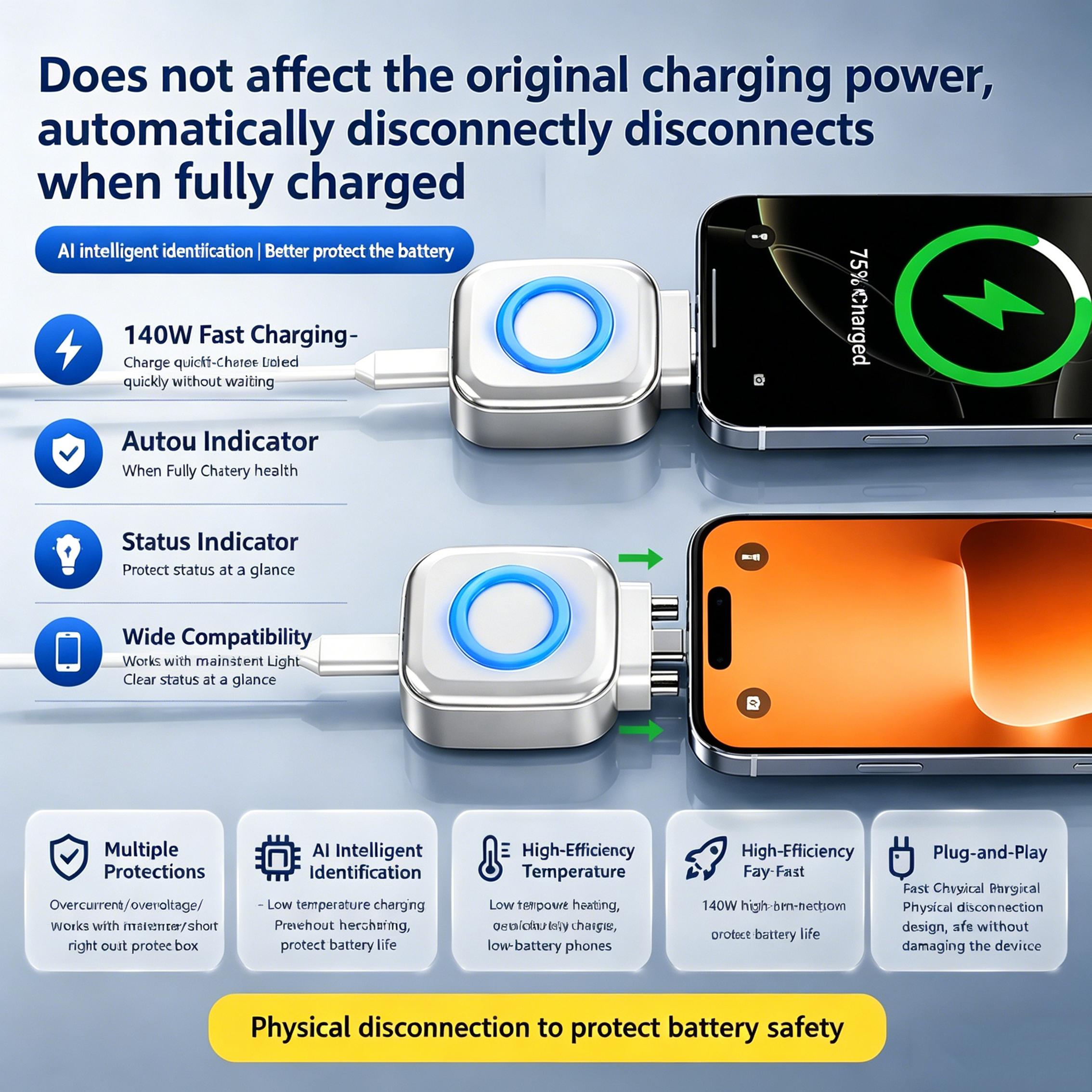 Smart Auto Stop Charger, Auto Disconnect Charging Cable Protector, Full Charge Automatic Eject Device, Overcharge Protection Adapter for Phone Tablet USB Charging