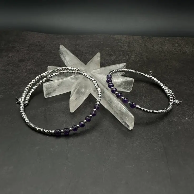 Amethyst Crystal Bangle Bracelet - Healing Natural Beads Nickel Free Metal Spacers Handmade Jewelry