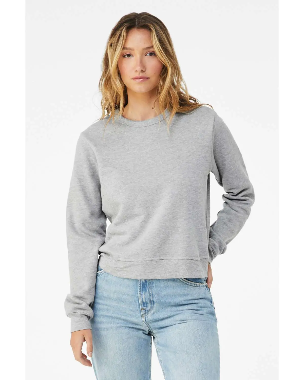 Bella+Canvas Women's Fitted Crewneck Sweatshirt, Comfortable Cotton-Polyester Fleece Clothes, 32 Singles Fabric, 8 oz., True-to-Size Fit, Athletic Heather, Soft Blend, Set-In Sleeves, Mid-Length, Machine-Washable, Casual Basic Top, Classic, Pull On