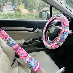Boho Floral Crochet Steering Wheel & Seat Belt Cover Set - Universal Non-Slip Colorful Auto Protector, Soft Stylish Cars Accessories, Girly Cute Accessories for Car, Durable Interior Decor for Women Daily Driving, Auto Parts Accessories