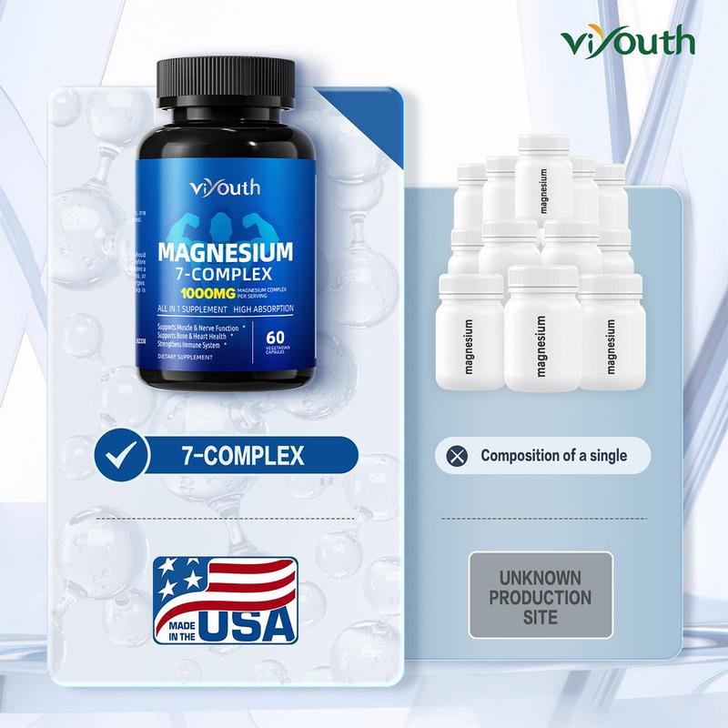 Viyouth 3-Bottle Pack 1000mg 7-Type Magnesium Complex with Zinc – Daily Nutrient Support for Relaxation, Restful Nights, Muscle & Nerve Function, Energy & Mood Well-Being, Digestive Comfort, Overall Wellness –  3rd Party Tested