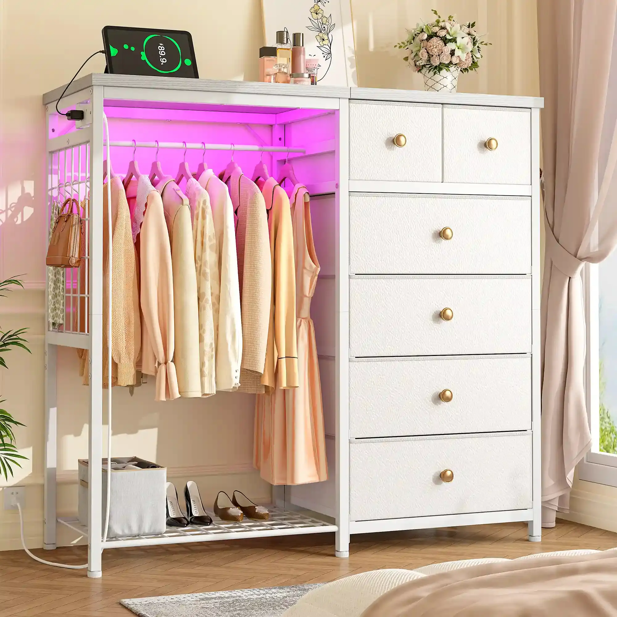 Raybee 49.2"-51.2" White Dresser for Bedroom with Hanging Rack, 6-10 Drawer LED Dresser with Charging Station, Modern Fabric Chest of Drawers with Wooden Top & Grid Panel, Premium Closet Storage Organizer